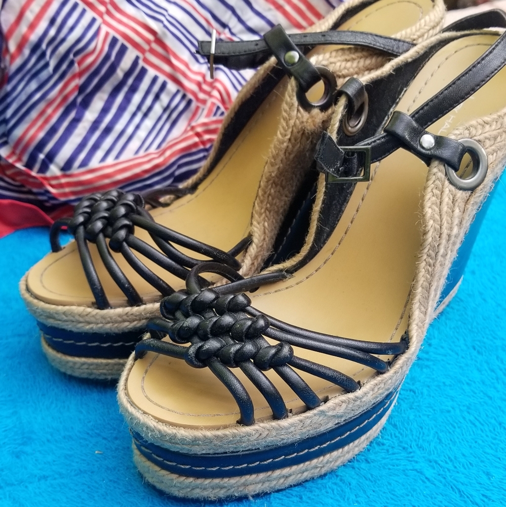 H by Halston Black and Tan Espadrille Wedge Sandals